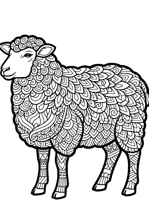 Free Sheep Coloring Page - Swirly Patterned Wool in a Meadow (Printable PDF)