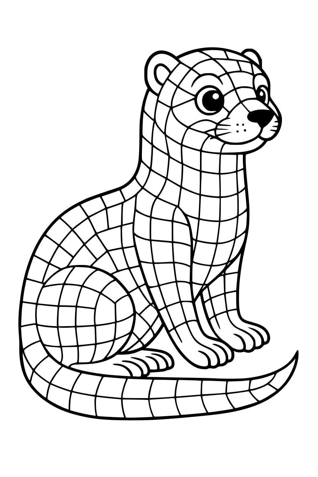 Cartoon ferret sitting upright with a grid pattern of curved squares over its body, big eyes, small round ears, and a long tail.