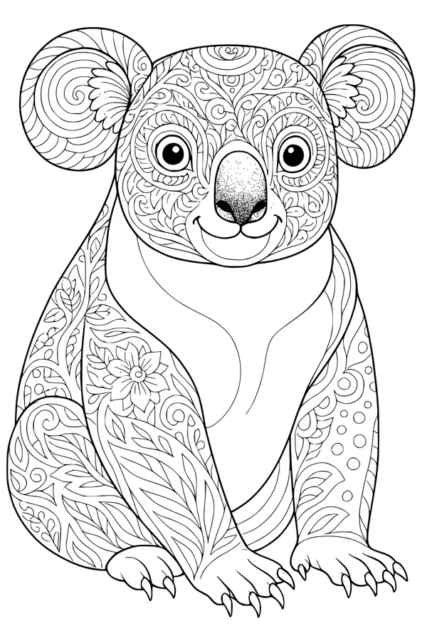 Free Koala Coloring Page - Swirly Floral Patterns on Big Ears (Printable PDF)