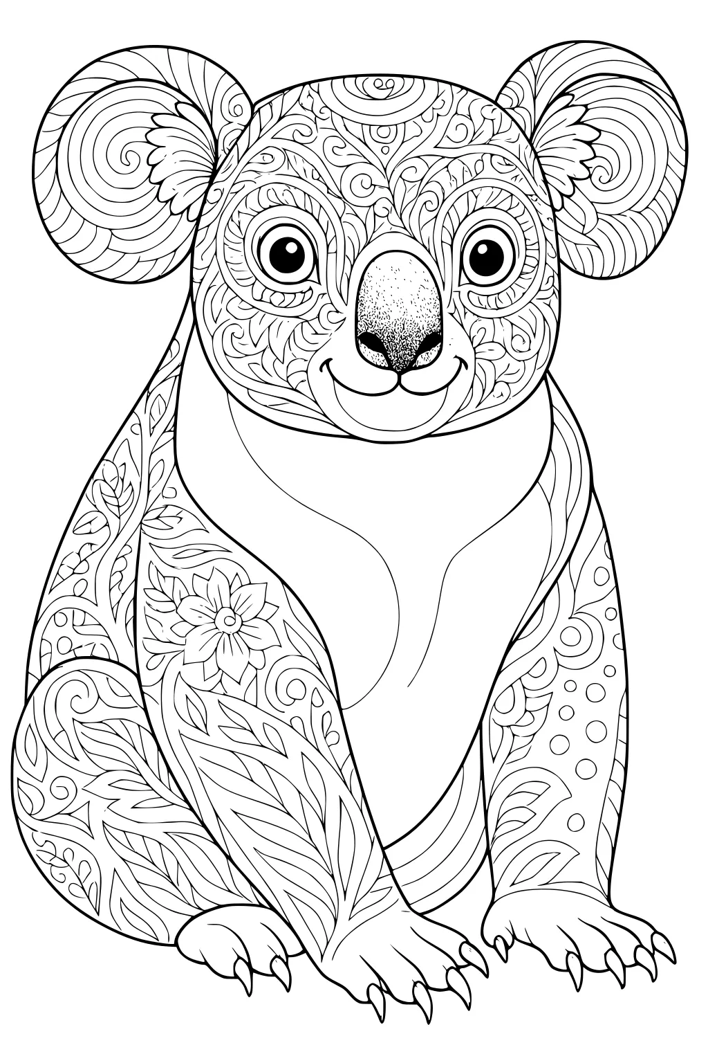 Front-facing koala with decorative swirls and flower patterns on fur and ears, seated with visible paws.