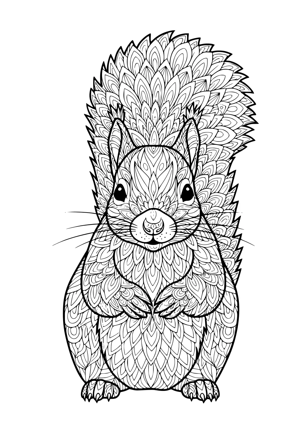 Intricate line drawing of a squirrel with leafy patterns on fur and tail, sitting upright facing forward.