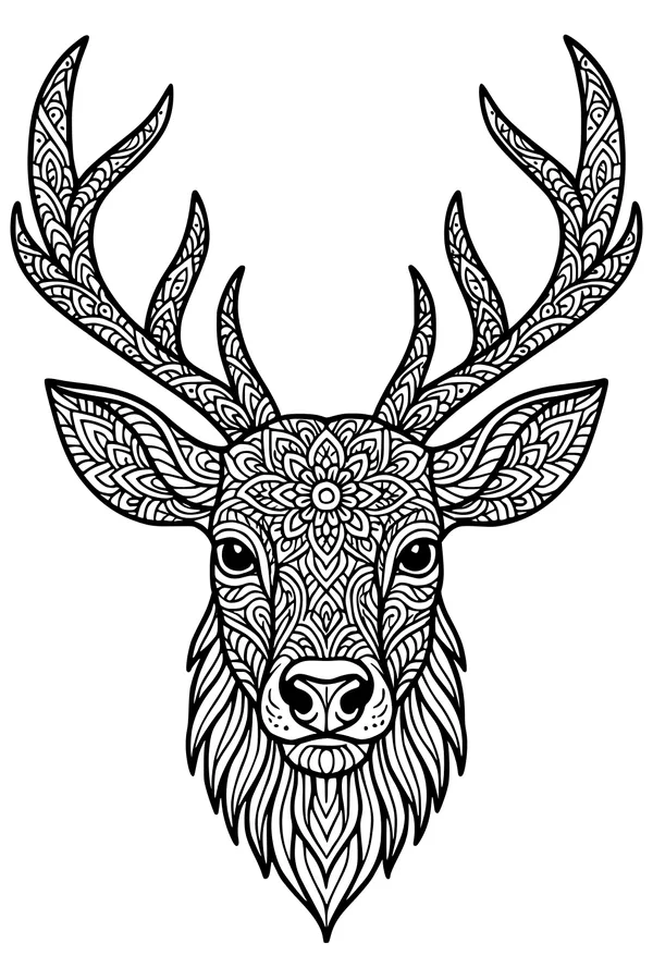 Free Stag Deer Coloring Page - Intricate Patterned Antler Head (Printable PDF)