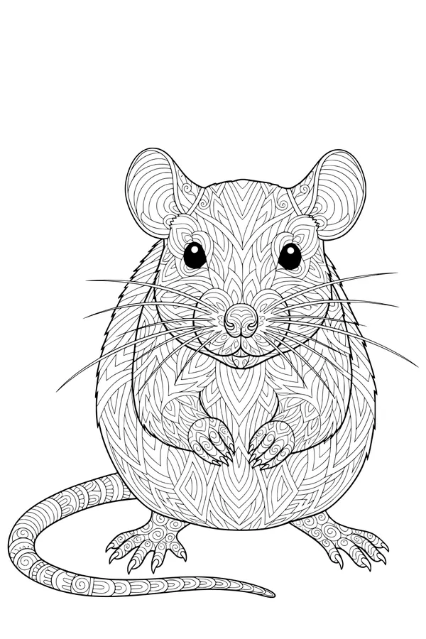 Free Rat Coloring Page - Plump Patterned Rat Sitting Upright (Printable PDF)