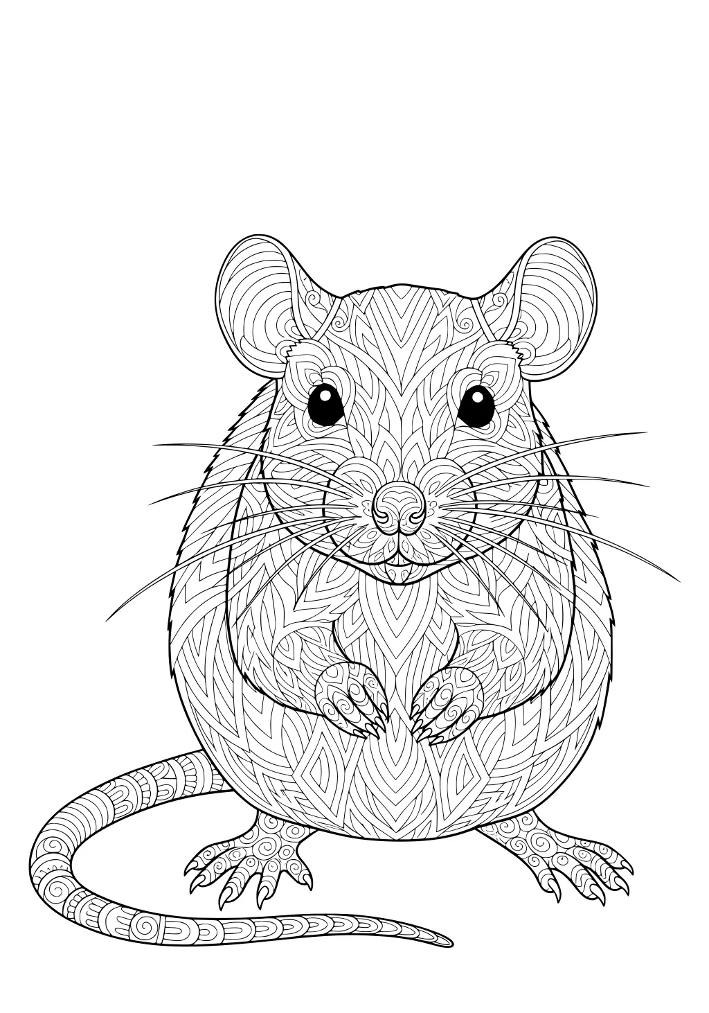 A round rat sitting upright, covered in detailed swirly lines and patterns, with big ears and a long, curled tail.