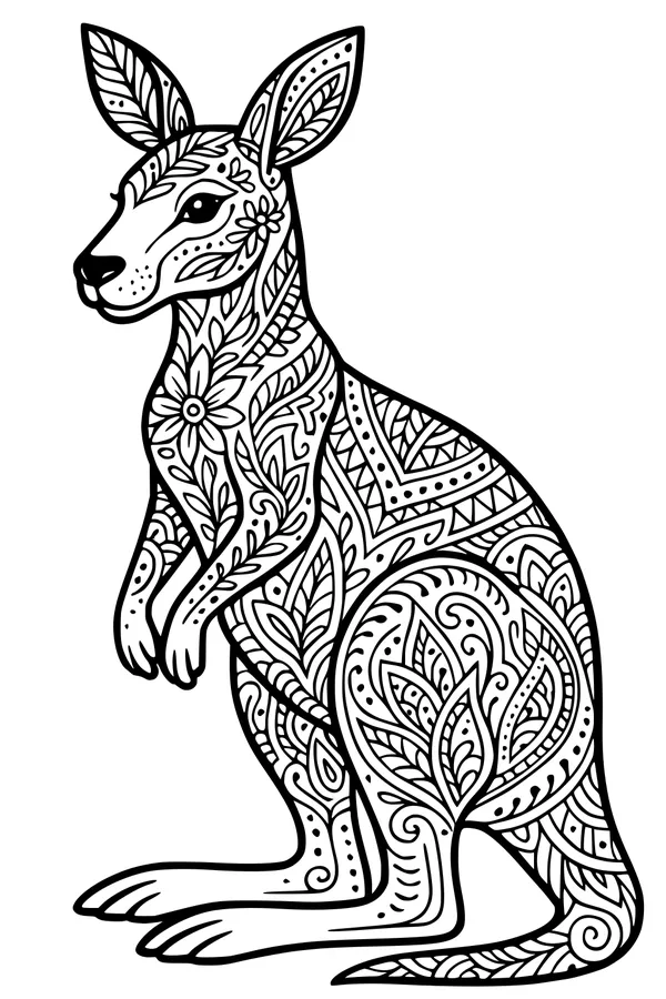Free Kangaroo Coloring Page - Floral Patterned Wildlife Scene (Printable PDF)