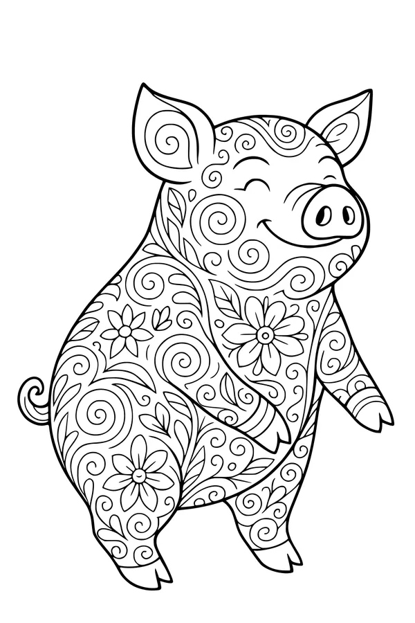 Free Pig Coloring Page - Whimsical Swirly Pig With Flowers (Printable PDF)