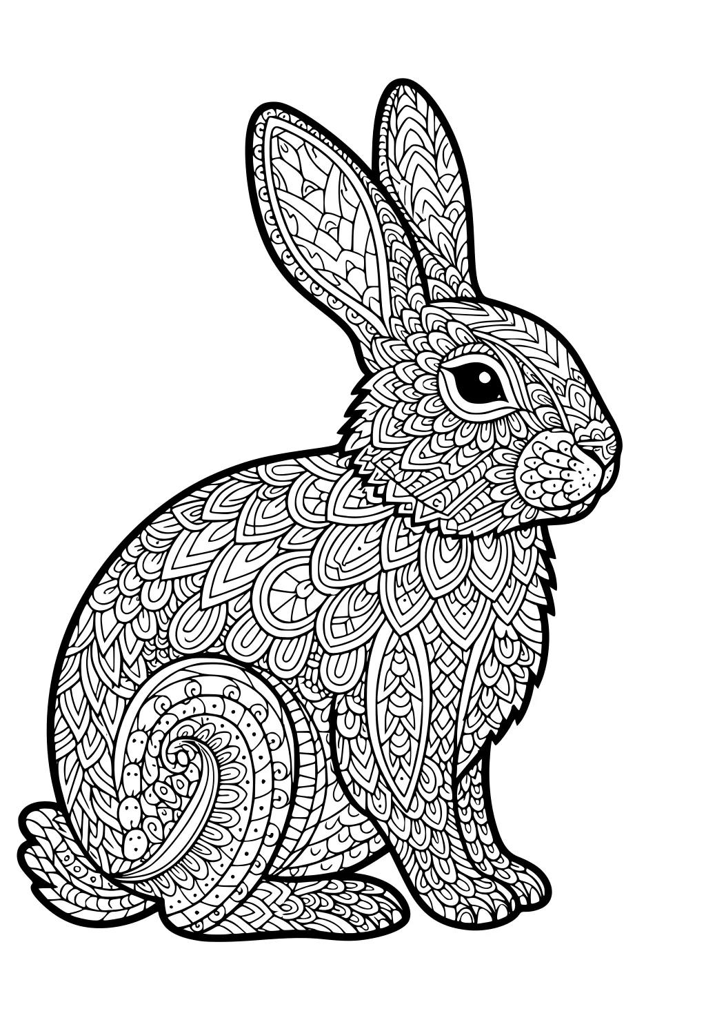 Rabbit sitting upright, covered head to tail in intricate patterned designs and swirls.