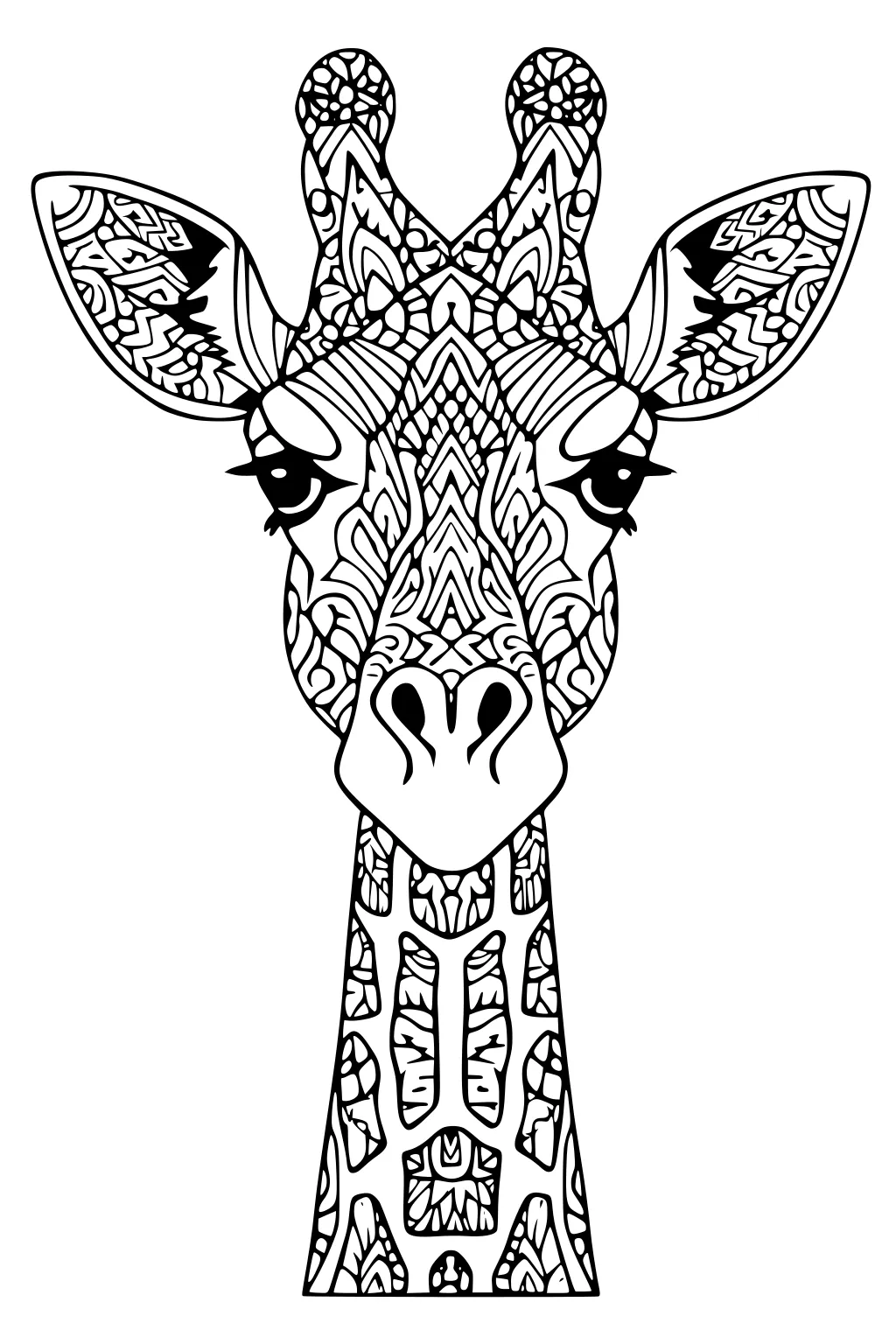 Outline drawing of a giraffe head with intricate geometric patterns covering ears, face, and neck.