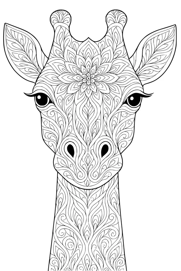 Free Giraffe Coloring Page - Gentle Head With Magical Floral Patterns (Printable PDF)