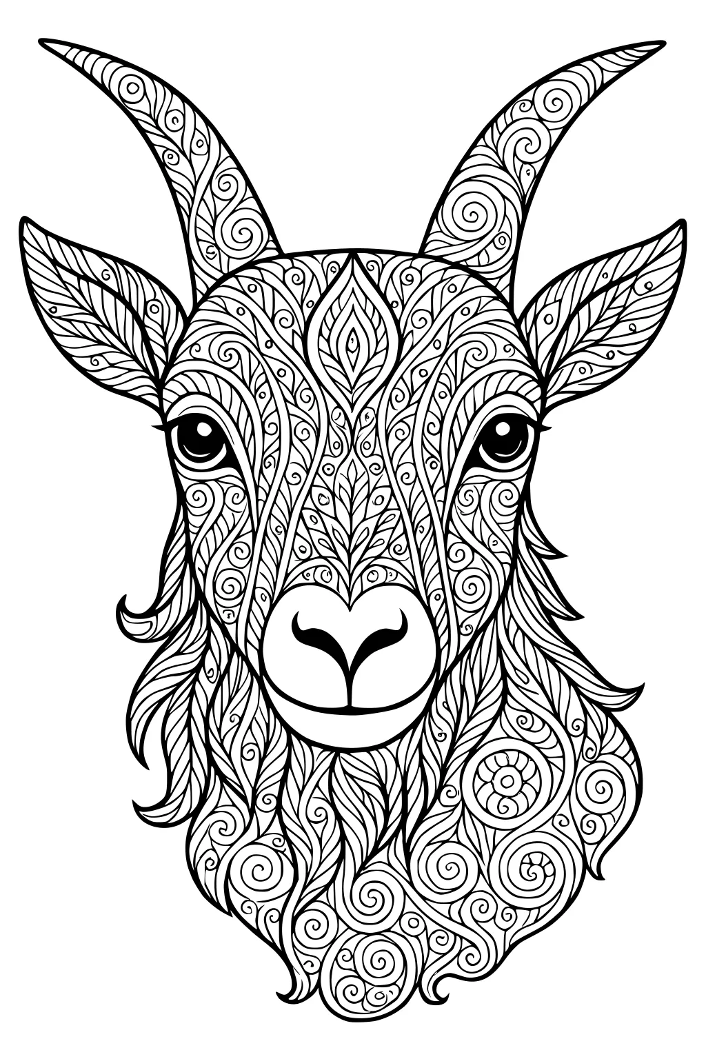 Symmetrical goat head with curly horns and detailed swirling, leafy patterns on the fur and face.