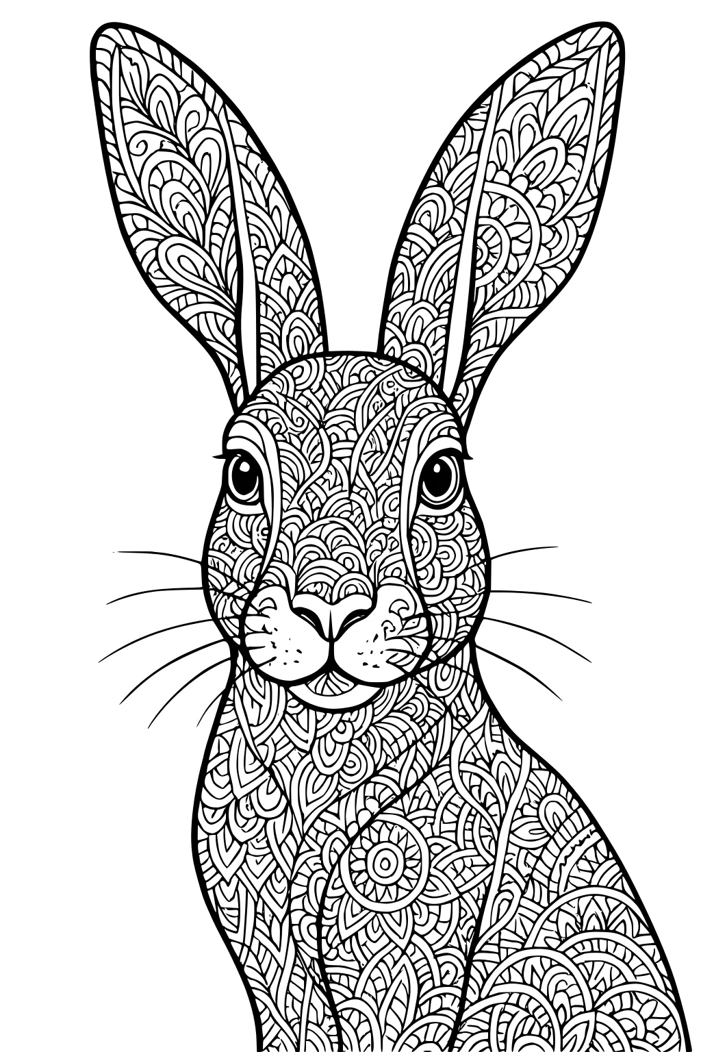 Black and white drawing of a hare with large ears and body covered in paisley and swirl patterns.