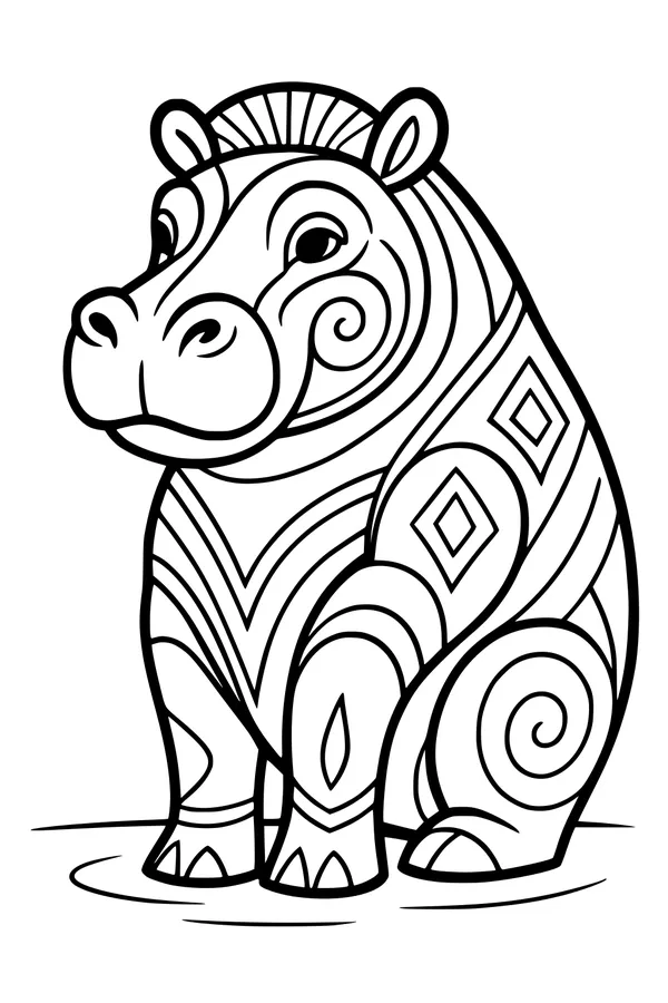 Free Hippopotamus Coloring Page - Swirly Patterned Hippo by the Water (Printable PDF)