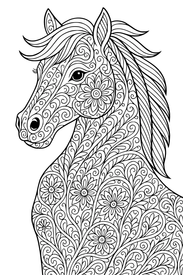 Free Horse Coloring Page - Flowery Patterned Mane in Meadow (Printable PDF)