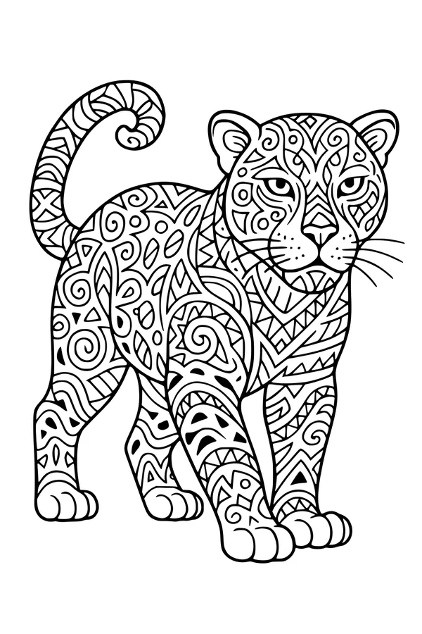 Free Jaguar Coloring Page - Tribal Pattern Jungle Cat (Printable PDF)