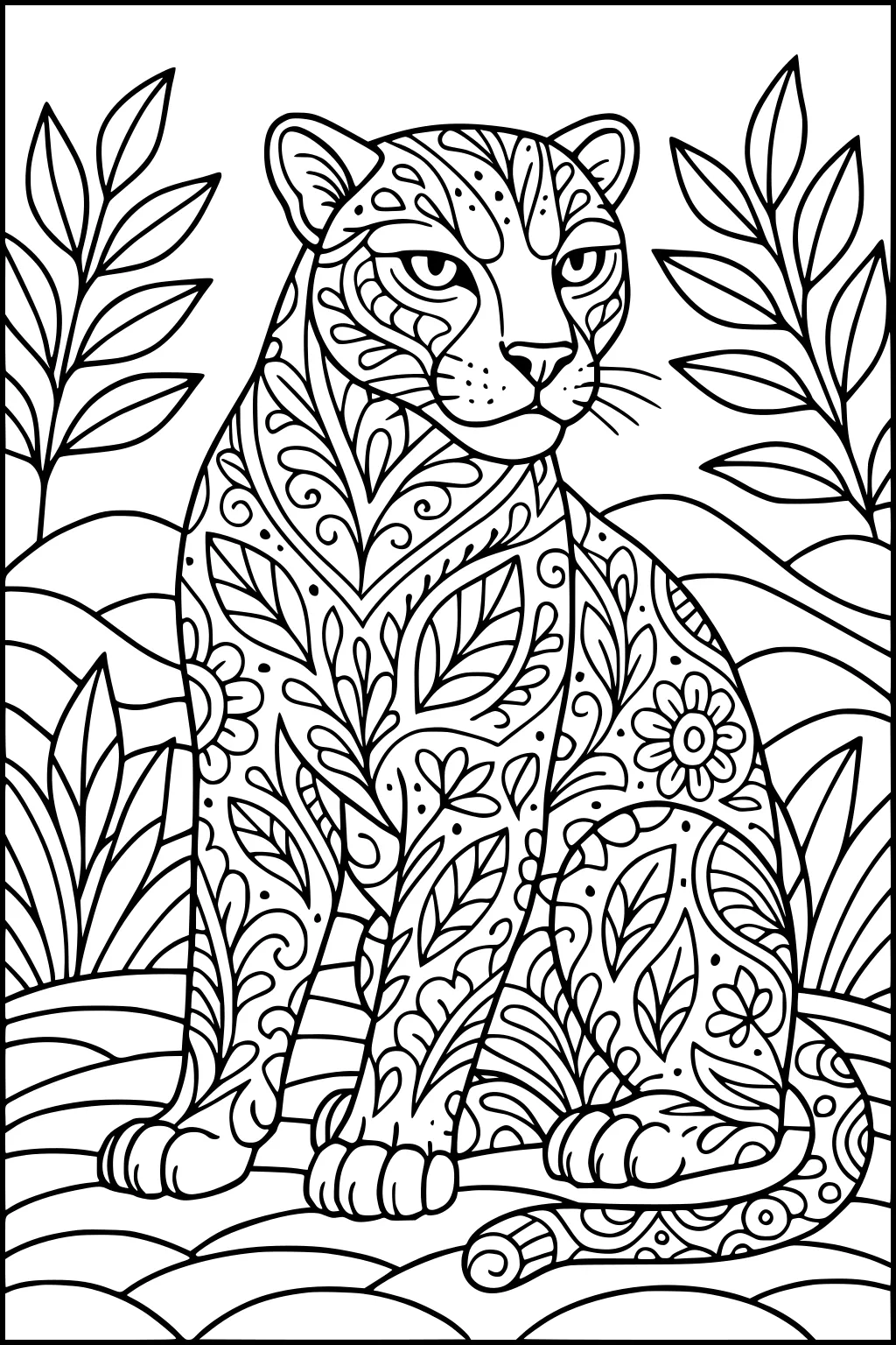 Panther sitting with floral patterns on its body, surrounded by leafy plants and rolling hills.