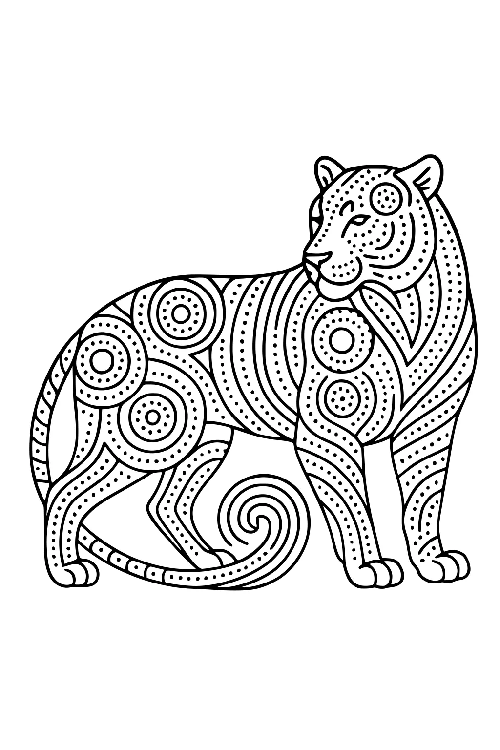 Tiger with curled tail, decorated with swirling lines, circles, and dotted patterns.