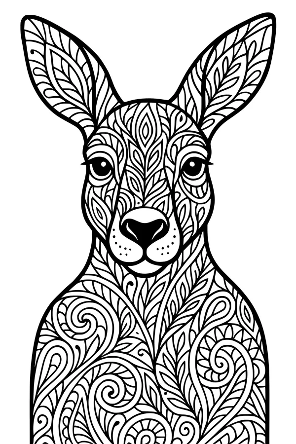 Free Kangaroo Coloring Page - Leafy Swirl Pattern Design (Printable PDF)