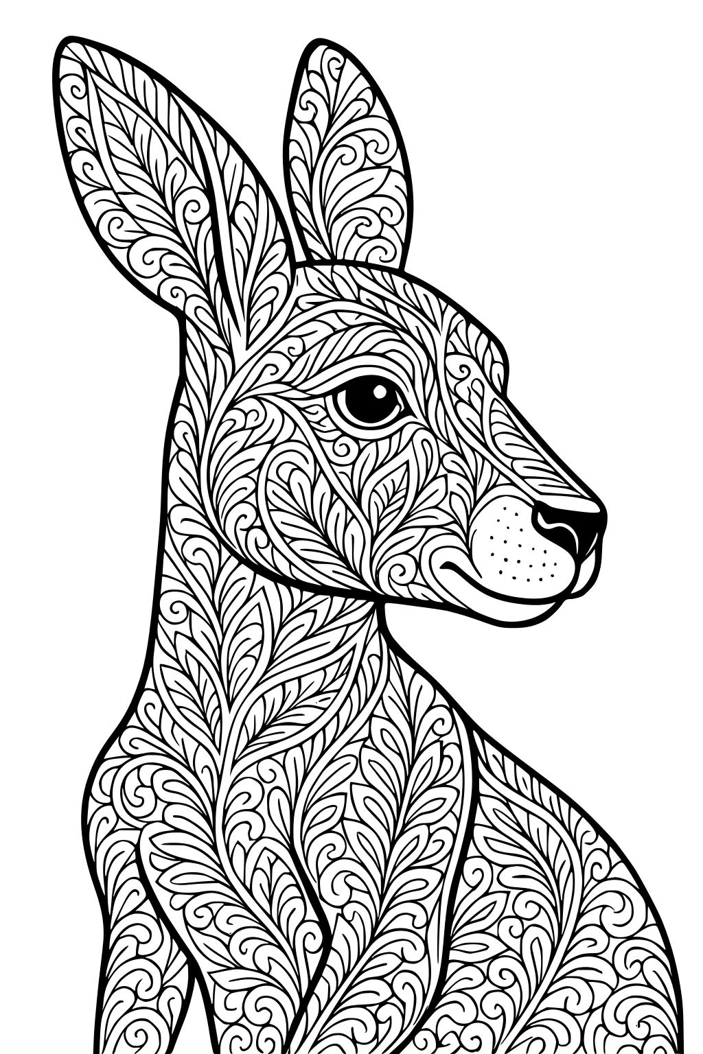 Kangaroo with swirly leaf designs covering its body, sitting upright, large ears, and clear black outlines.