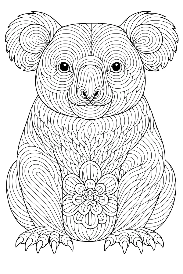Free Koala Coloring Page - Swirly Ears and Flower Belly (Printable PDF)