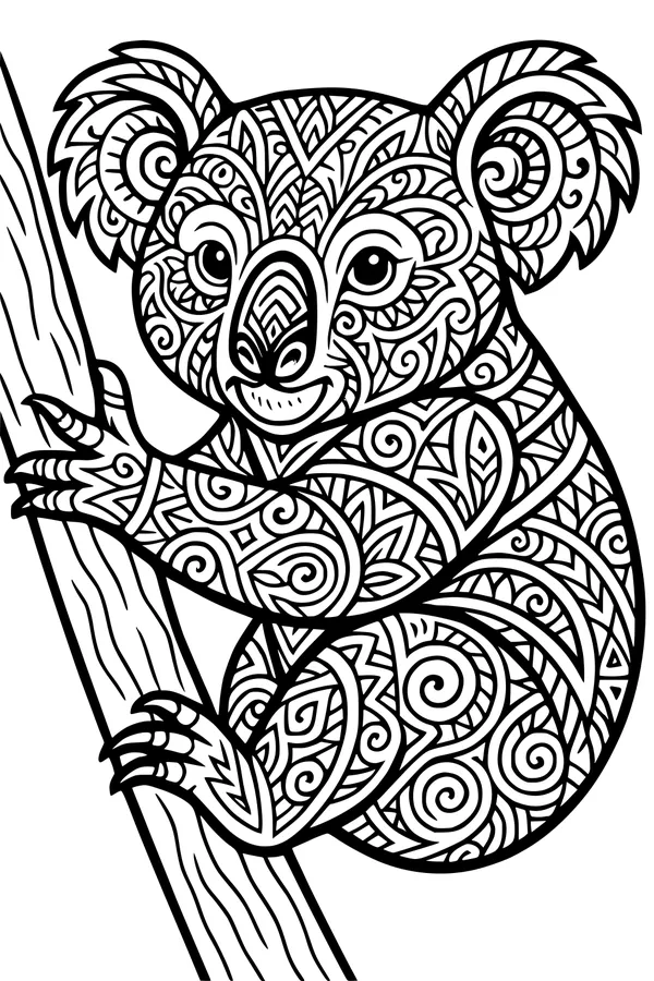 Free Koala Coloring Page - Swirly Patterns in a Tree (Printable PDF)