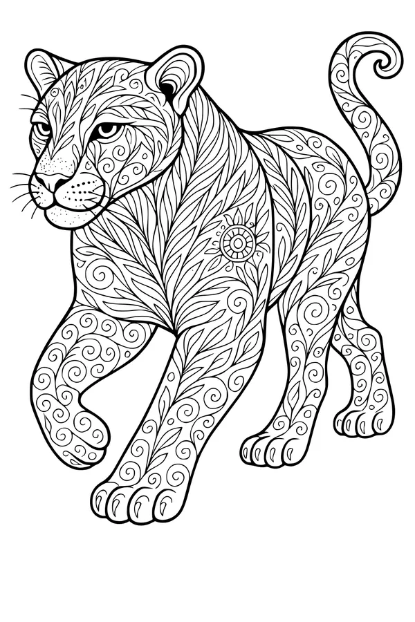 Free Leopard Coloring Page - Swirly Jungle Prowling Scene (Printable PDF)