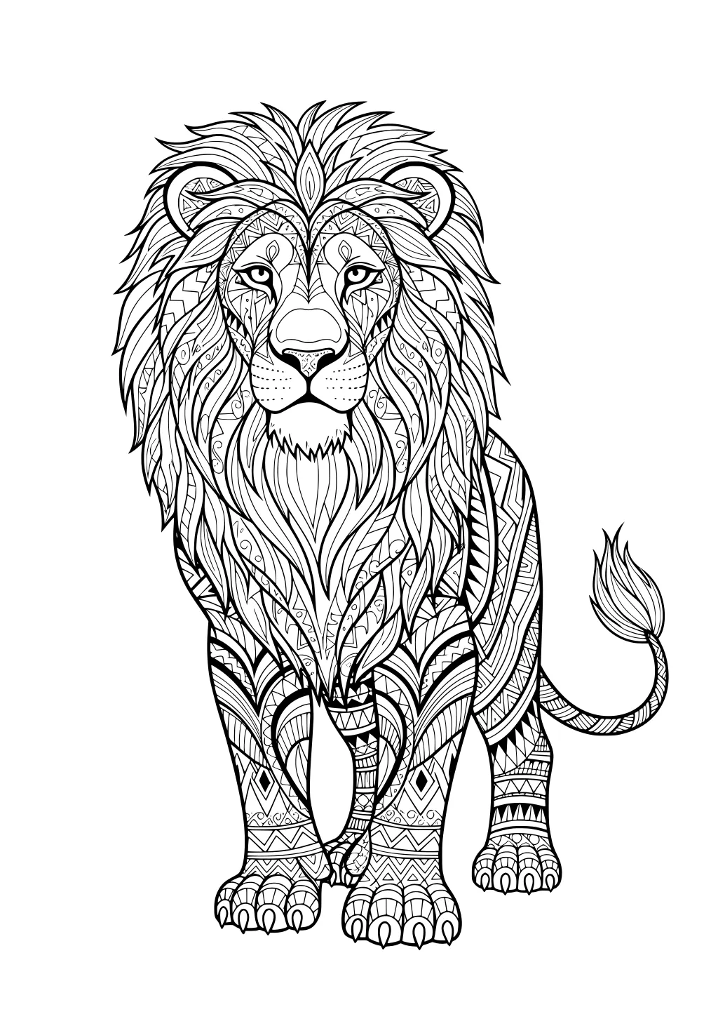 A decorated lion standing with a full mane, covered in intricate line patterns and shapes.