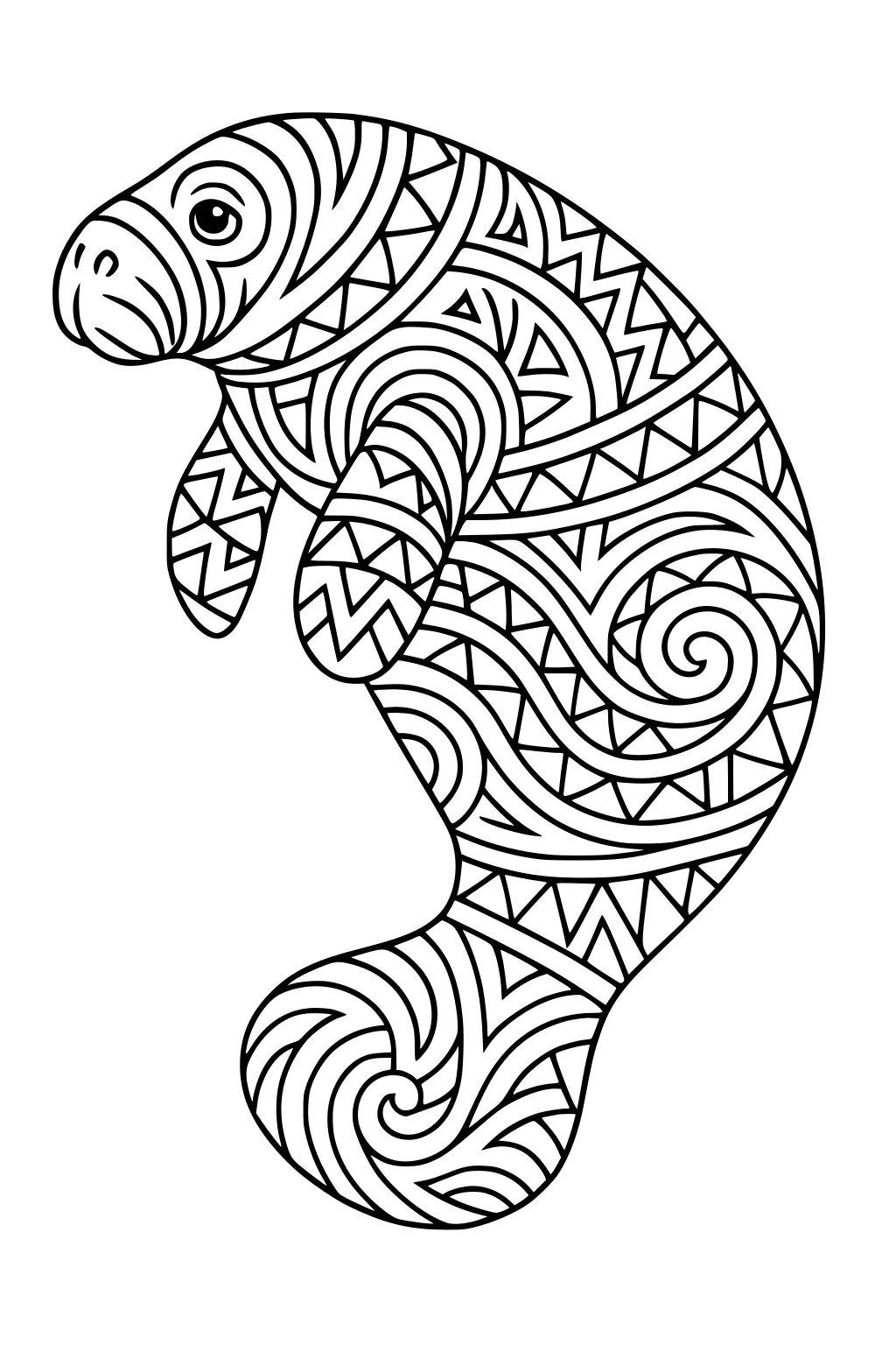 Manatee with intricate swirl and zigzag patterns covering its body, side view, simple black outline drawing.