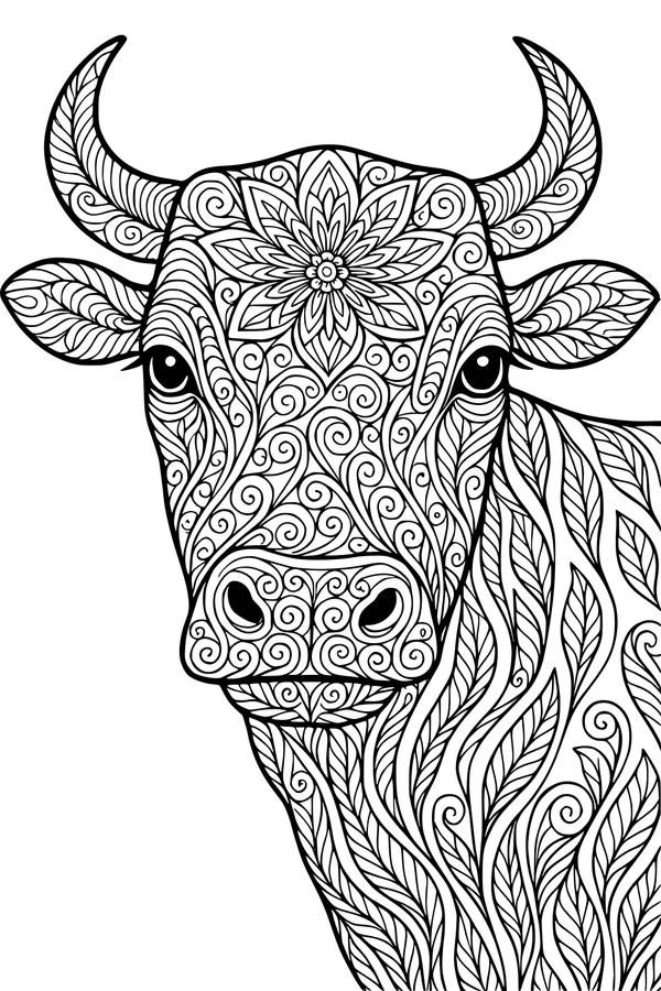 Free Cow Coloring Page - Swirly Mandala Cow Head (Printable PDF)