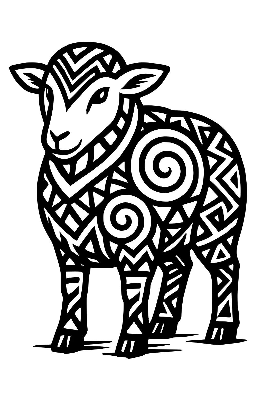 Sheep with geometric zigzag and spiral patterns covering its wool, standing upright, smiling gently.