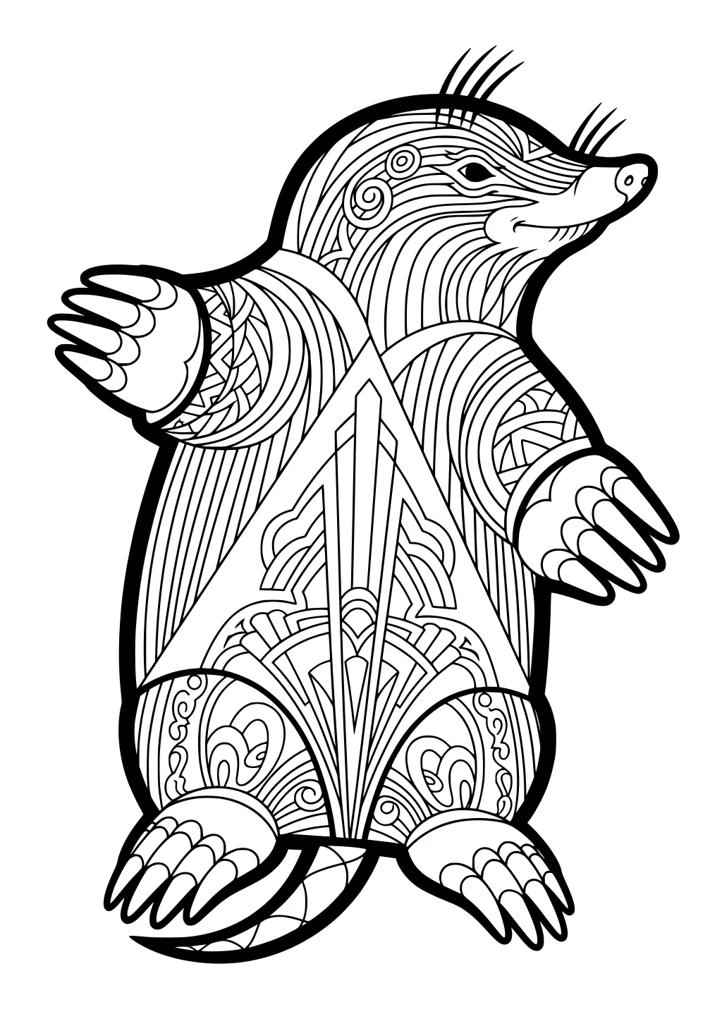 Outlined mole with patterned fur, shovel-like claws, rounded body, and bold geometric line designs for coloring.