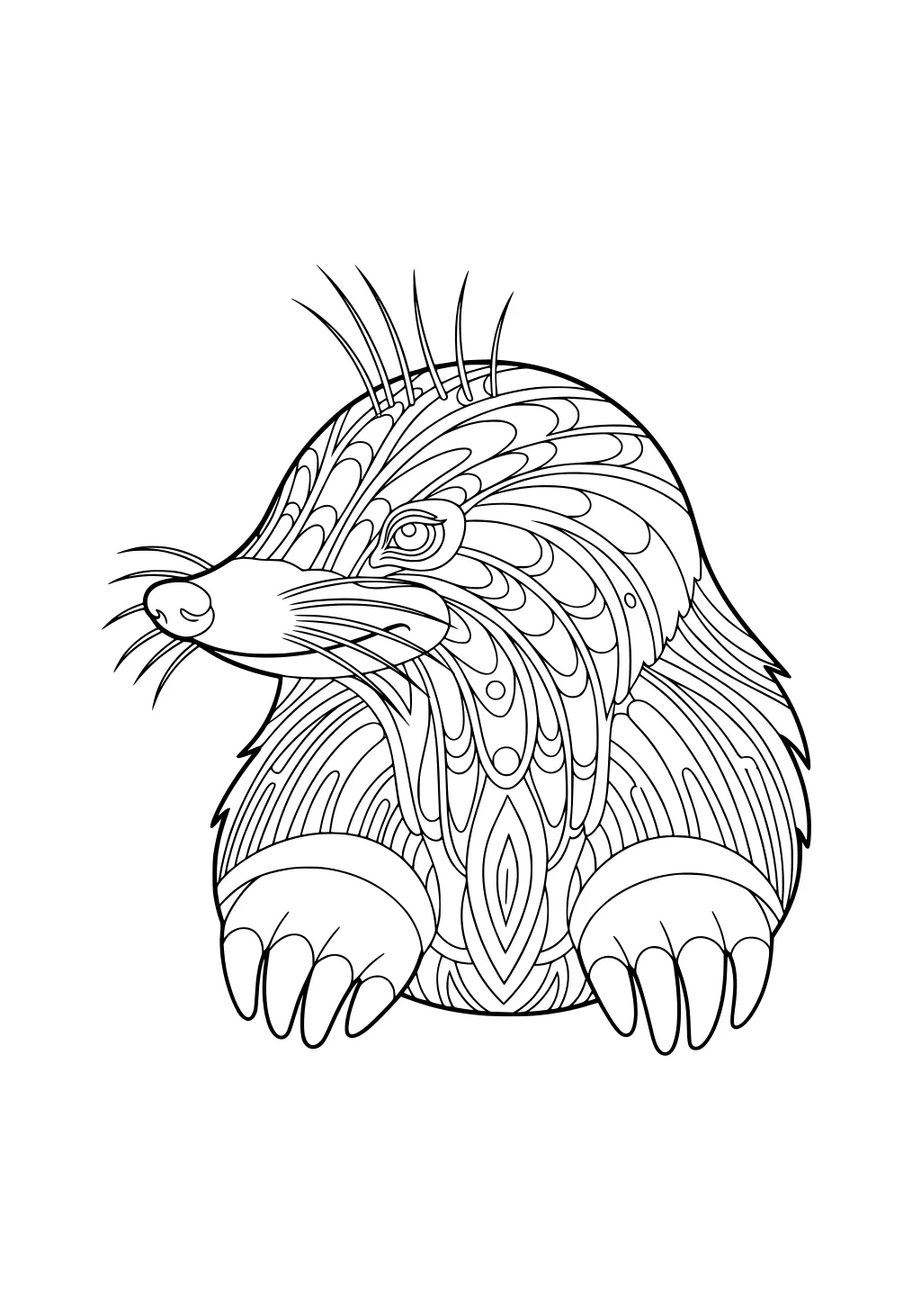 Mole with patterned fur, pointed snout, whiskers, round eyes, and big claws, shown from the front.