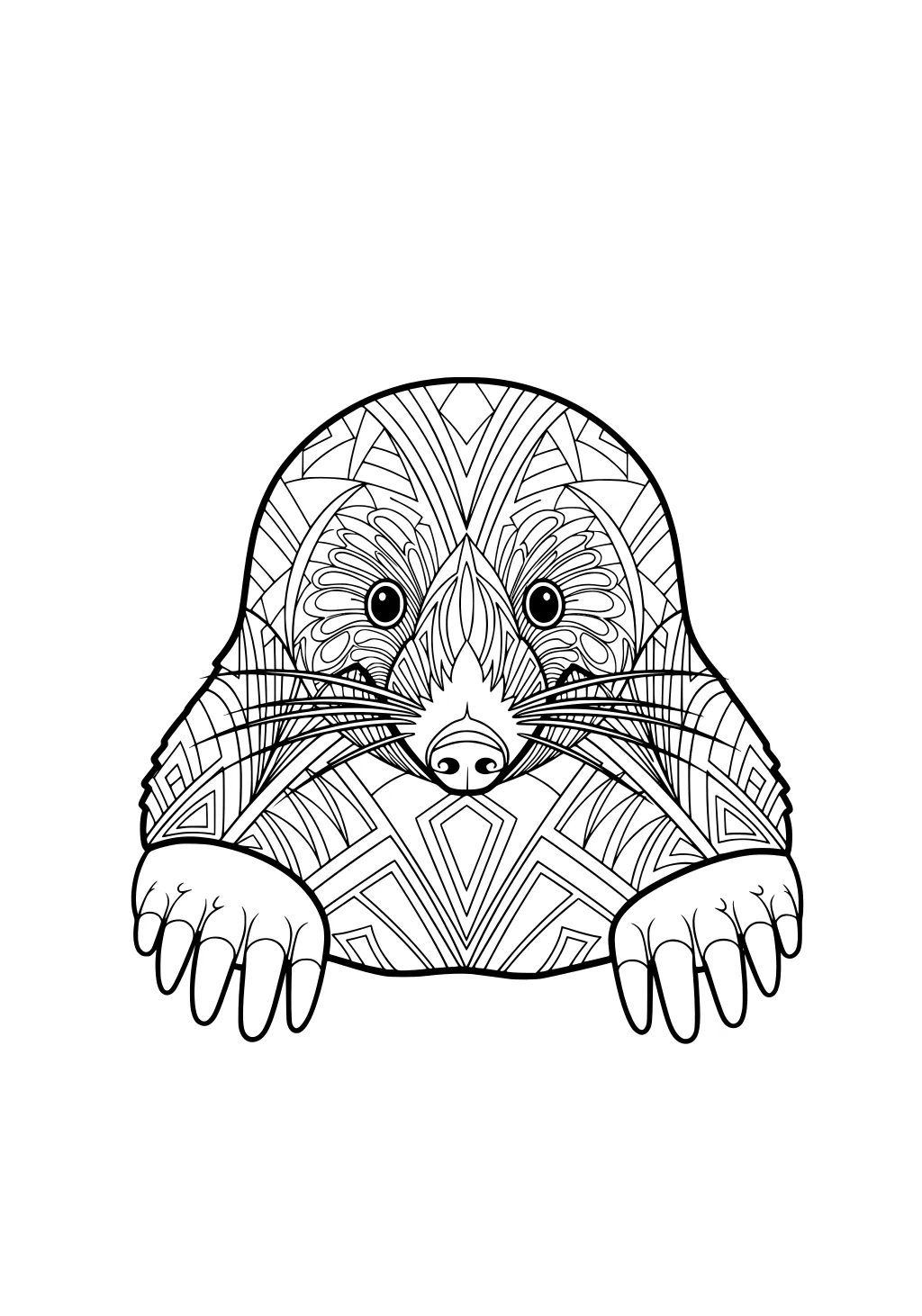 A mole with patterned fur, big digging paws, round nose, and whiskers, illustrated with swirly and geometric designs.