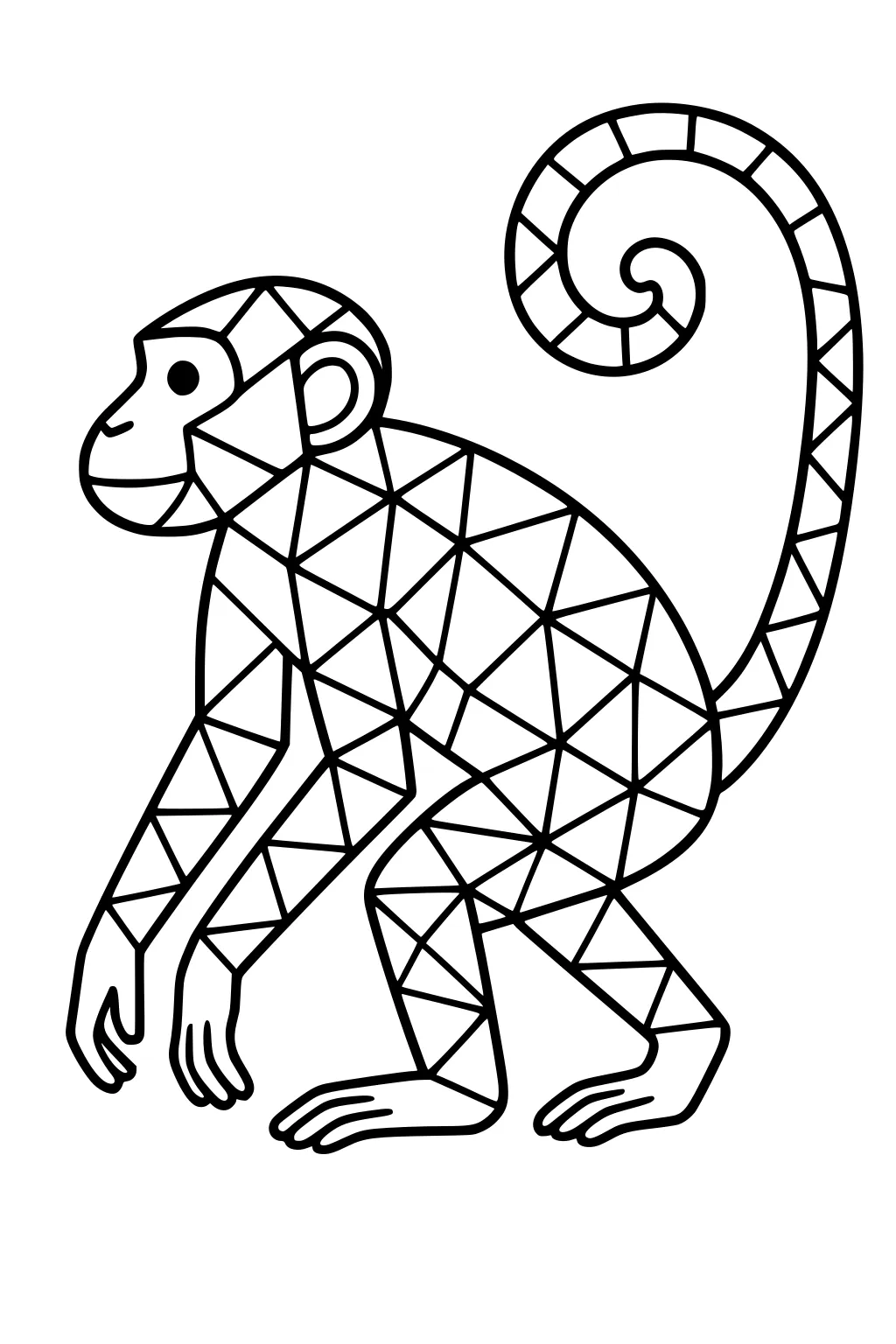 Monkey with a patterned body and spiral tail, outlined in triangles and diamonds with bold black lines.
