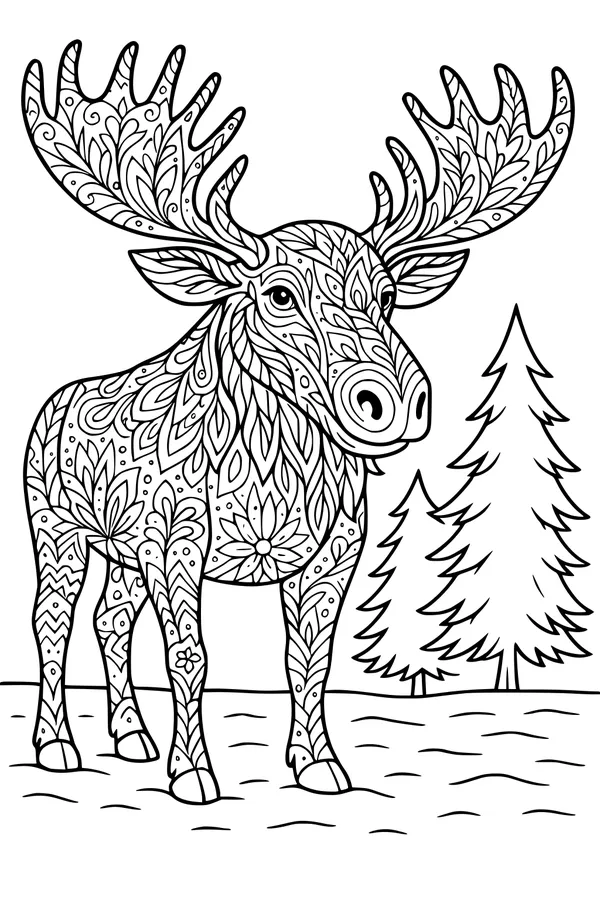 Free Moose Coloring Page - Patterned Antlers by the Pines (Printable PDF)