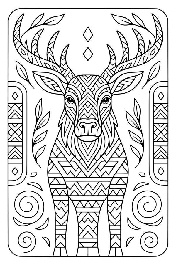 Free Moose Coloring Page - Patterned Antlers in Forest Leaves (Printable PDF)