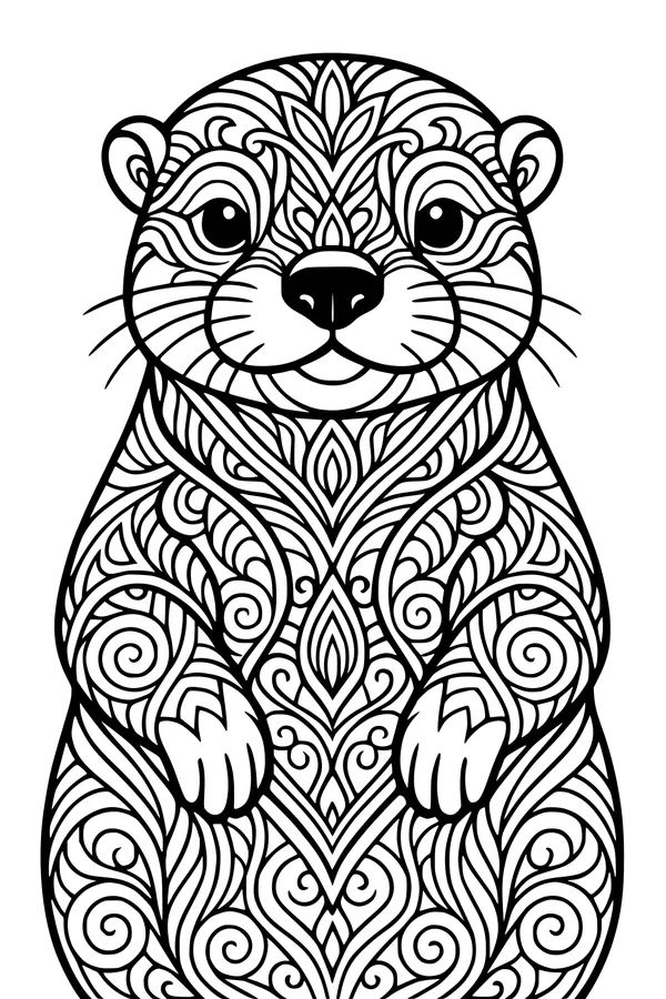 Free Otter Coloring Page - Swirly Patterned Otter Sitting Still (Printable PDF)