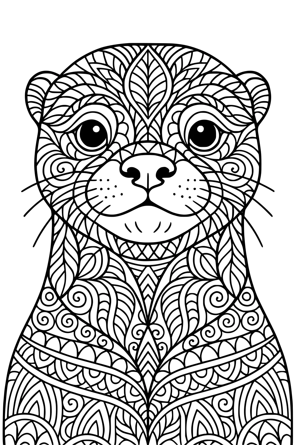Otter drawn with swirling lines and leafy shapes covering face and body, wide eyes, small nose, and whiskers.