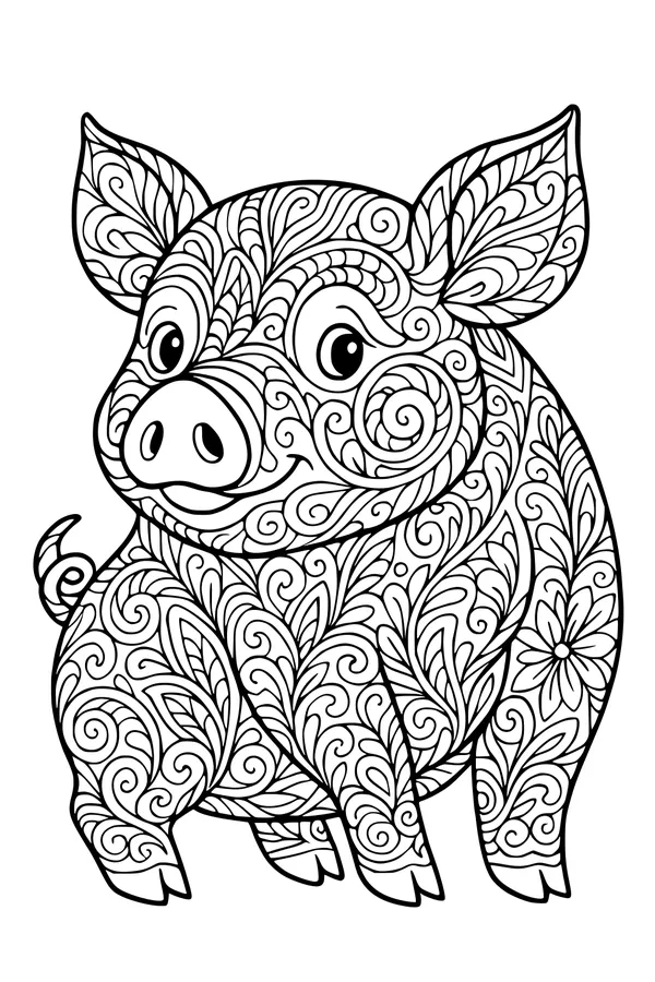 Free Pig Coloring Page - Swirly Floral Piglet with Happy Smile (Printable PDF)