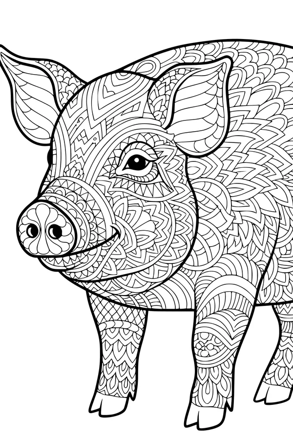 Free Pig Coloring Page - Patterned Piglet With Spiraled Snout (Printable PDF)