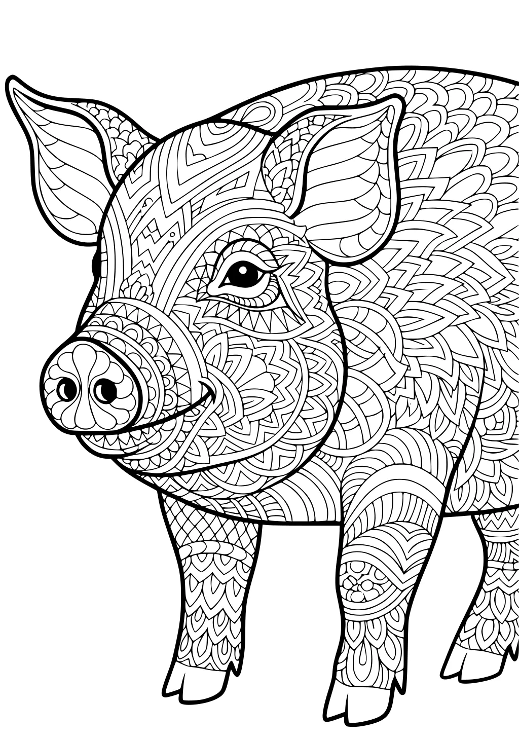 Pig with patterned body, standing forward and covered in detailed geometric and floral designs.