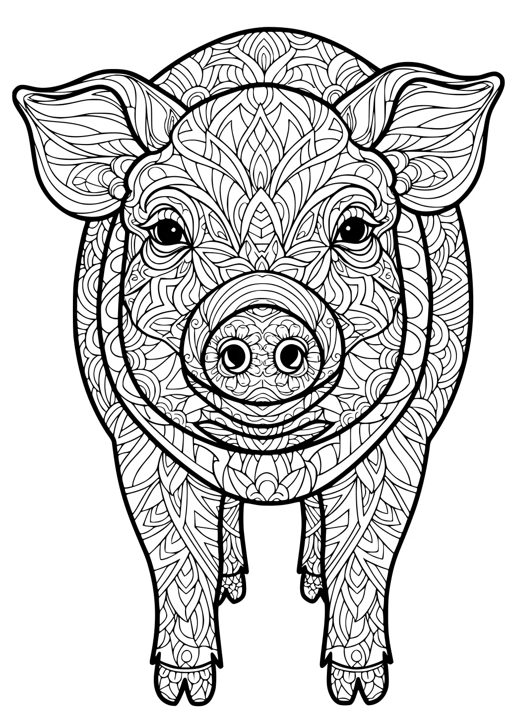 Front-facing pig with big ears and detailed swirling patterns across its body, legs, snout, and face in black and white.