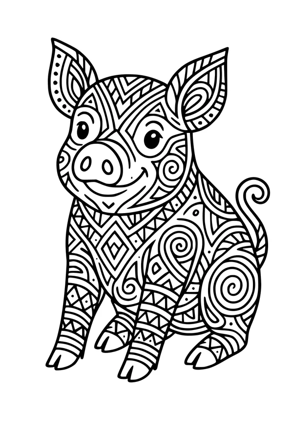 Free Pig Coloring Page - Whimsical Swirly Pig Sitting Upright (Printable PDF)