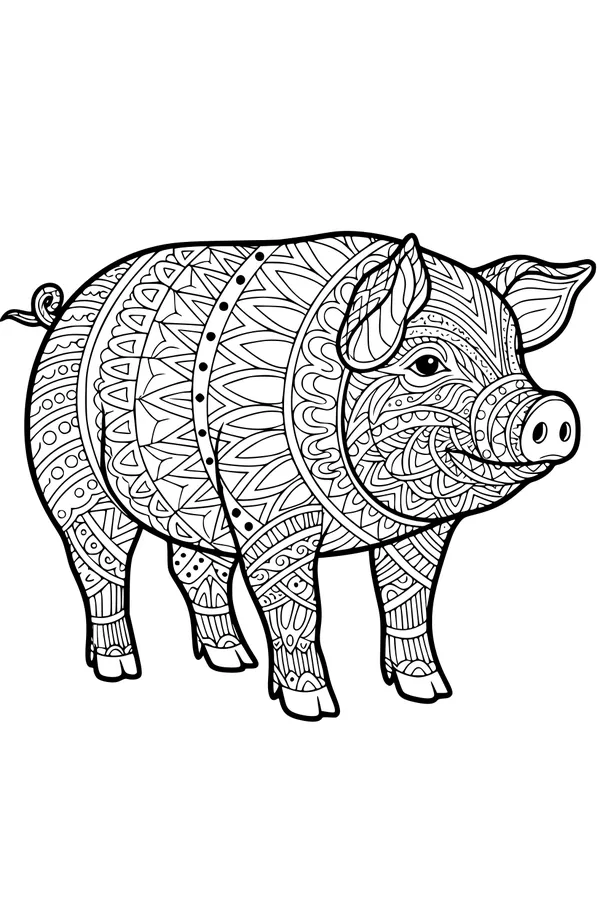 Free Pig Coloring Page - Patterned Party Pig with Curly Tail (Printable PDF)