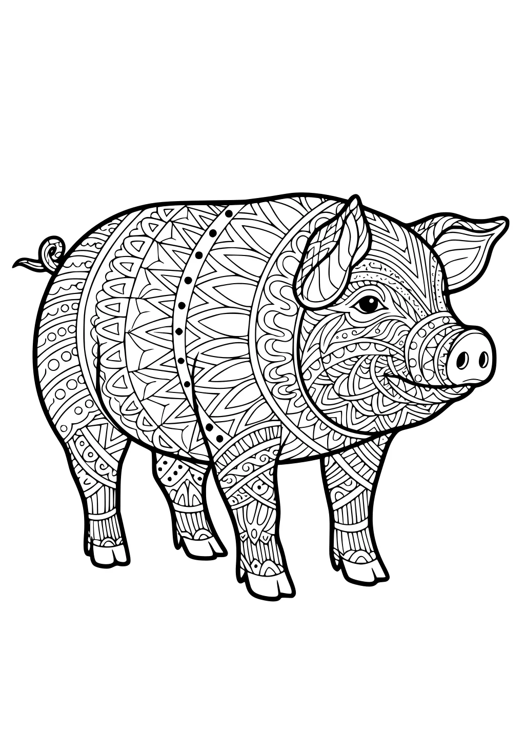Pig with geometric and swirly patterned designs covering entire body, standing with curled tail and perky ears.