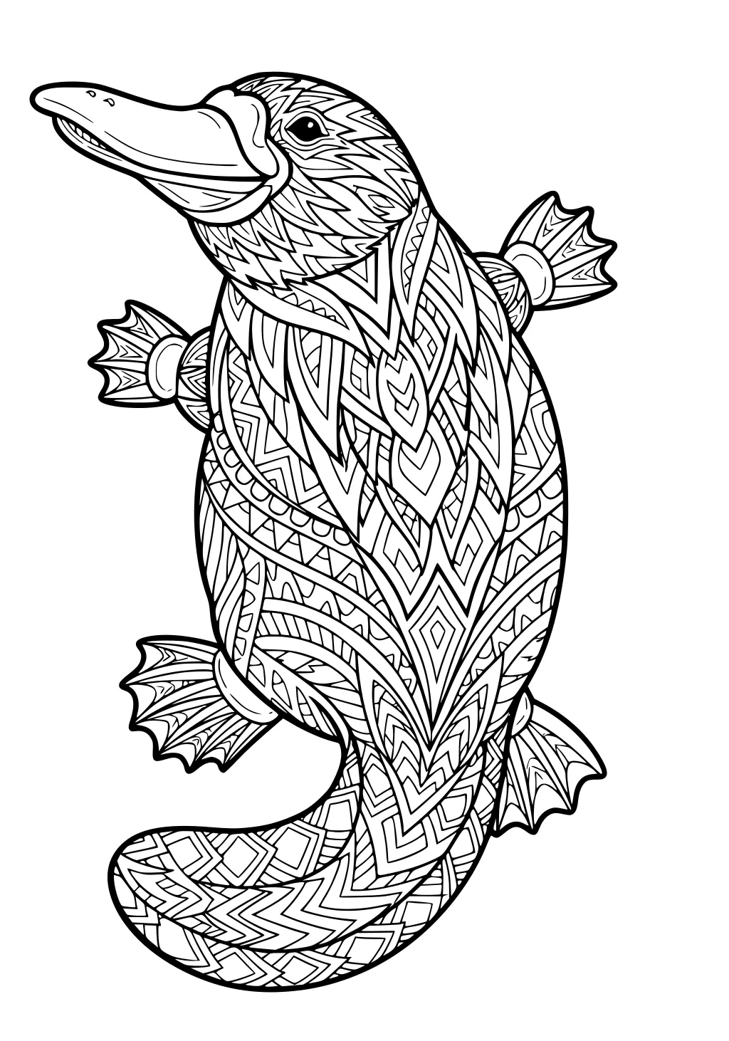 Platypus with patterned body, wide bill, webbed feet, and a flat tail, shown from above with detailed geometric designs.