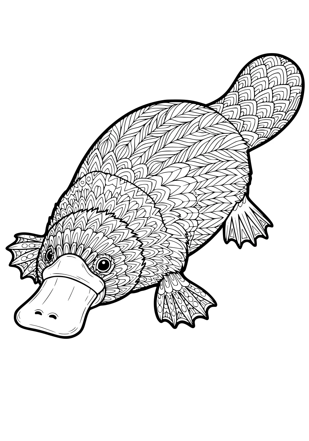 Platypus with patterned feathers and webbed feet swimming, shown close up with detailed decorative lines.