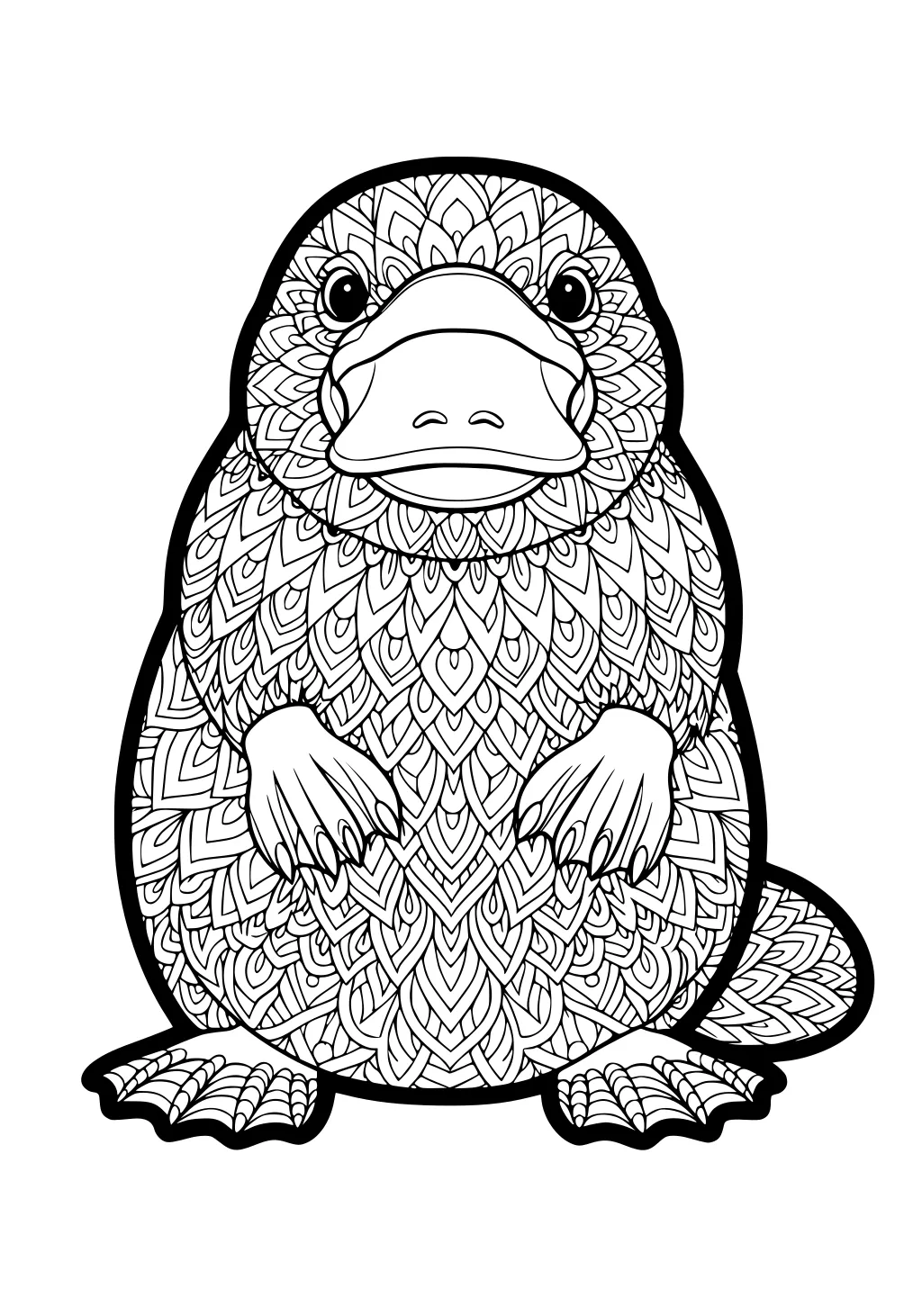 Front-facing platypus with large bill, webbed feet, and body filled with detailed leaf patterns for coloring.