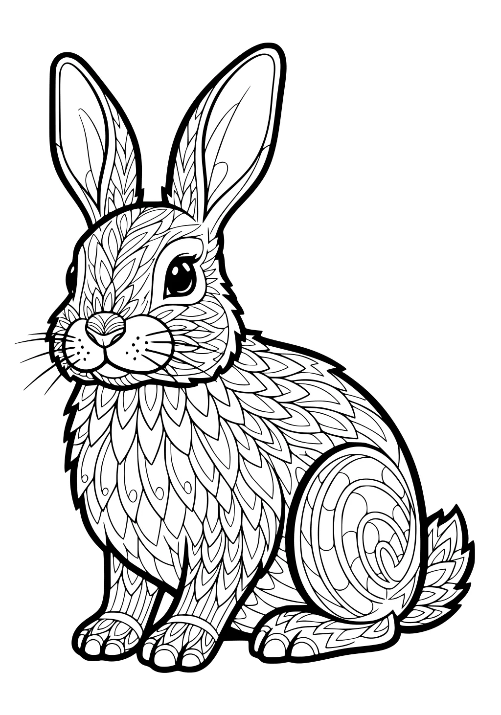 Rabbit sitting upright with intricate feather patterns on its fur, large ears, bright eyes, and a round, curled tail.