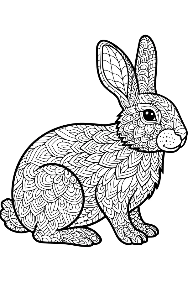 Free Rabbit Coloring Page - Patterned Bunny in Meadow (Printable PDF)