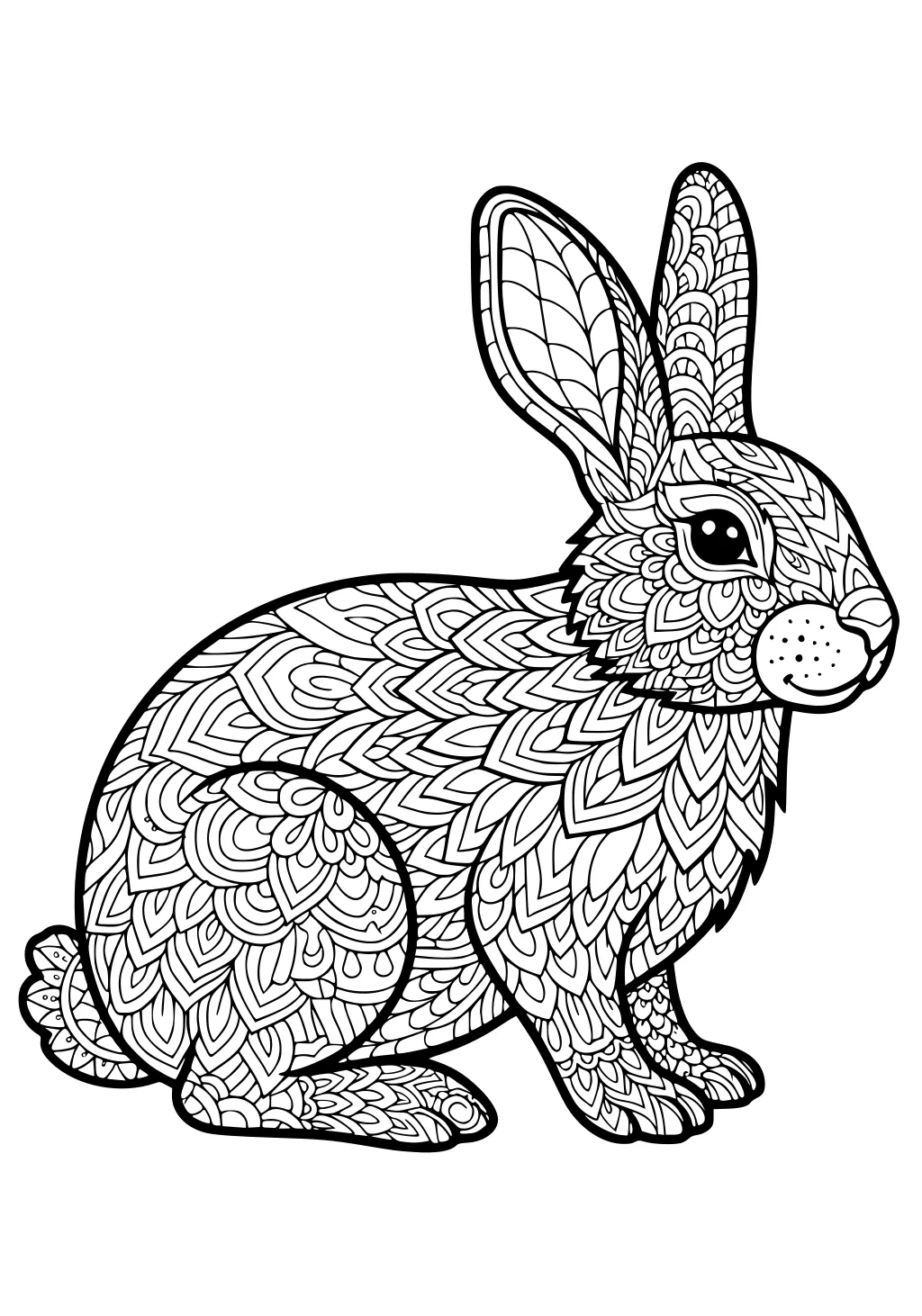 Rabbit sitting with patterned fur, upright ears, round tail, and detailed designs covering the entire body.